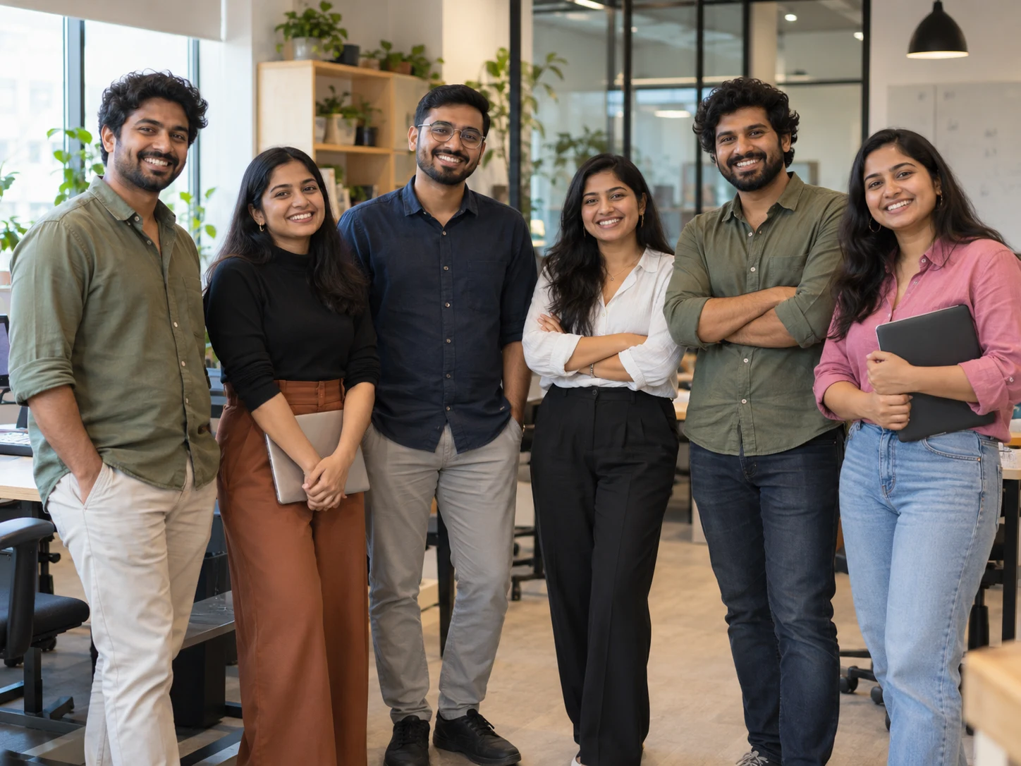 A diverse team of six Sambal colleagues in smart casual clothes standing together in a bright office, smiling
