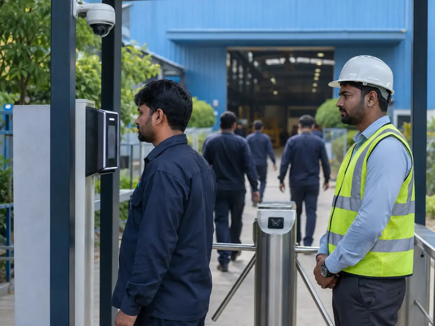 A worker at a face-recognition turnstile gate while a supervisor in a hi-vis vest looks on