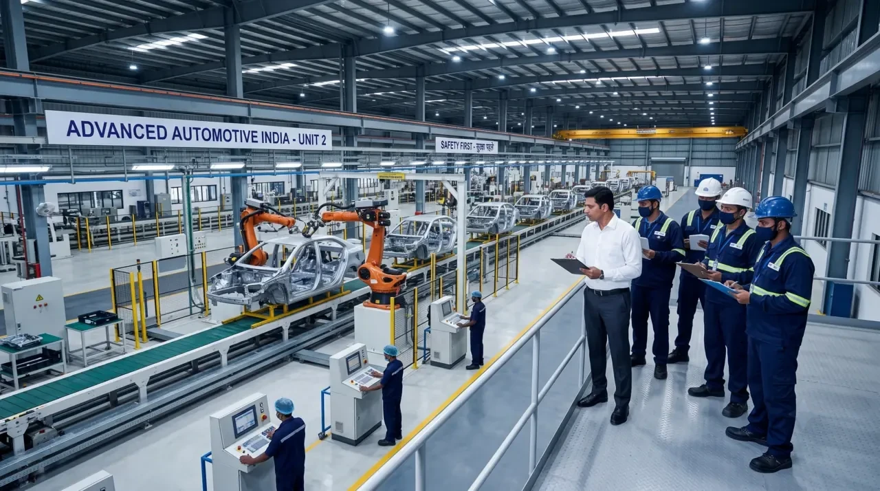 Managers walking an automotive assembly line with robotic arms while engineers inspect the process