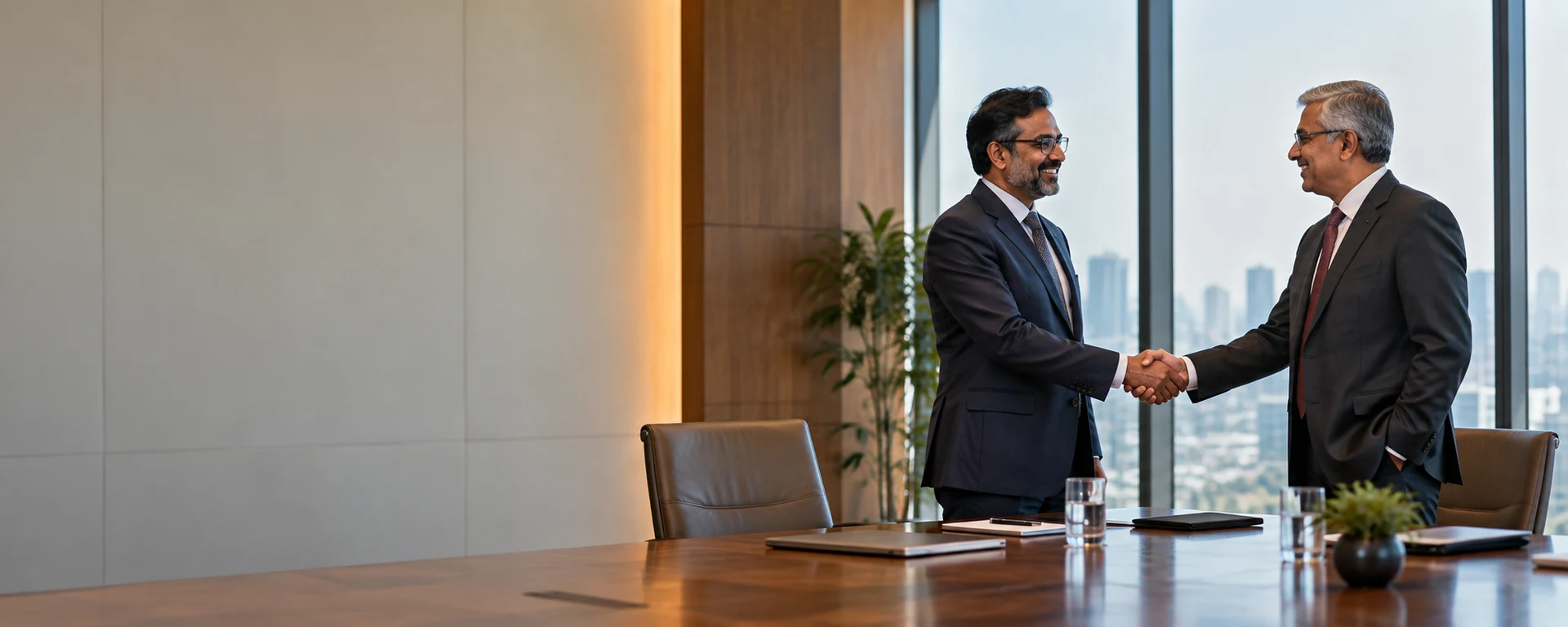 Business leaders shaking hands to close a partnership in a modern boardroom