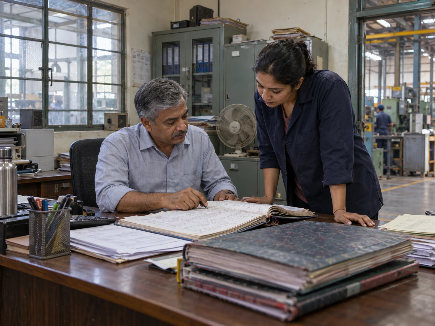 A senior compliance officer and a contractor reviewing contract worker registers together in a factory office
