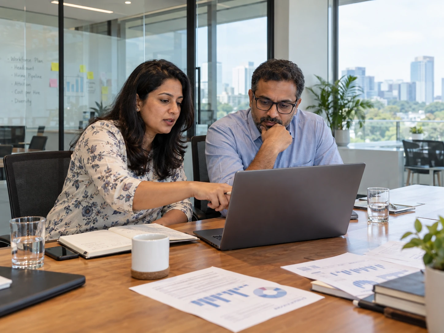 A woman HR head and a male finance head reviewing a workforce report on a laptop in a bright meeting room