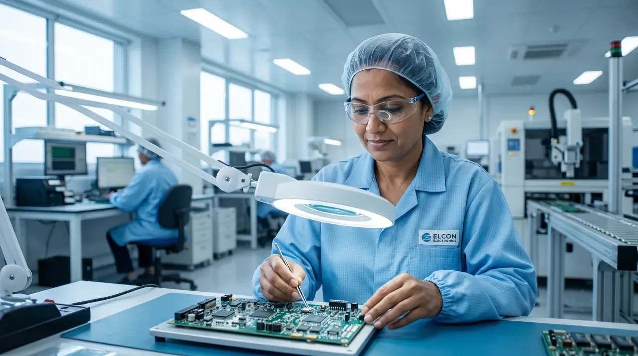A woman technician in a cleanroom uniform assembling a circuit board under a magnifying lamp