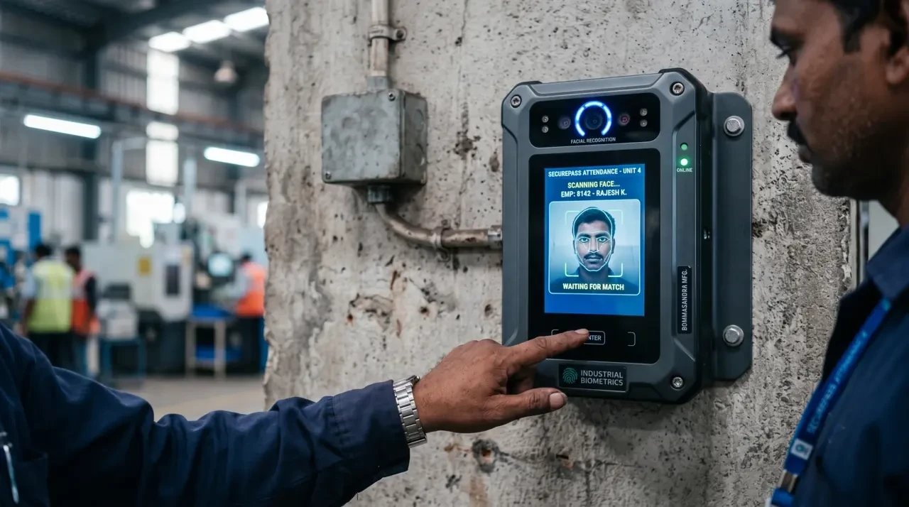 A rugged face-recognition terminal mounted on a factory wall while a worker uses it