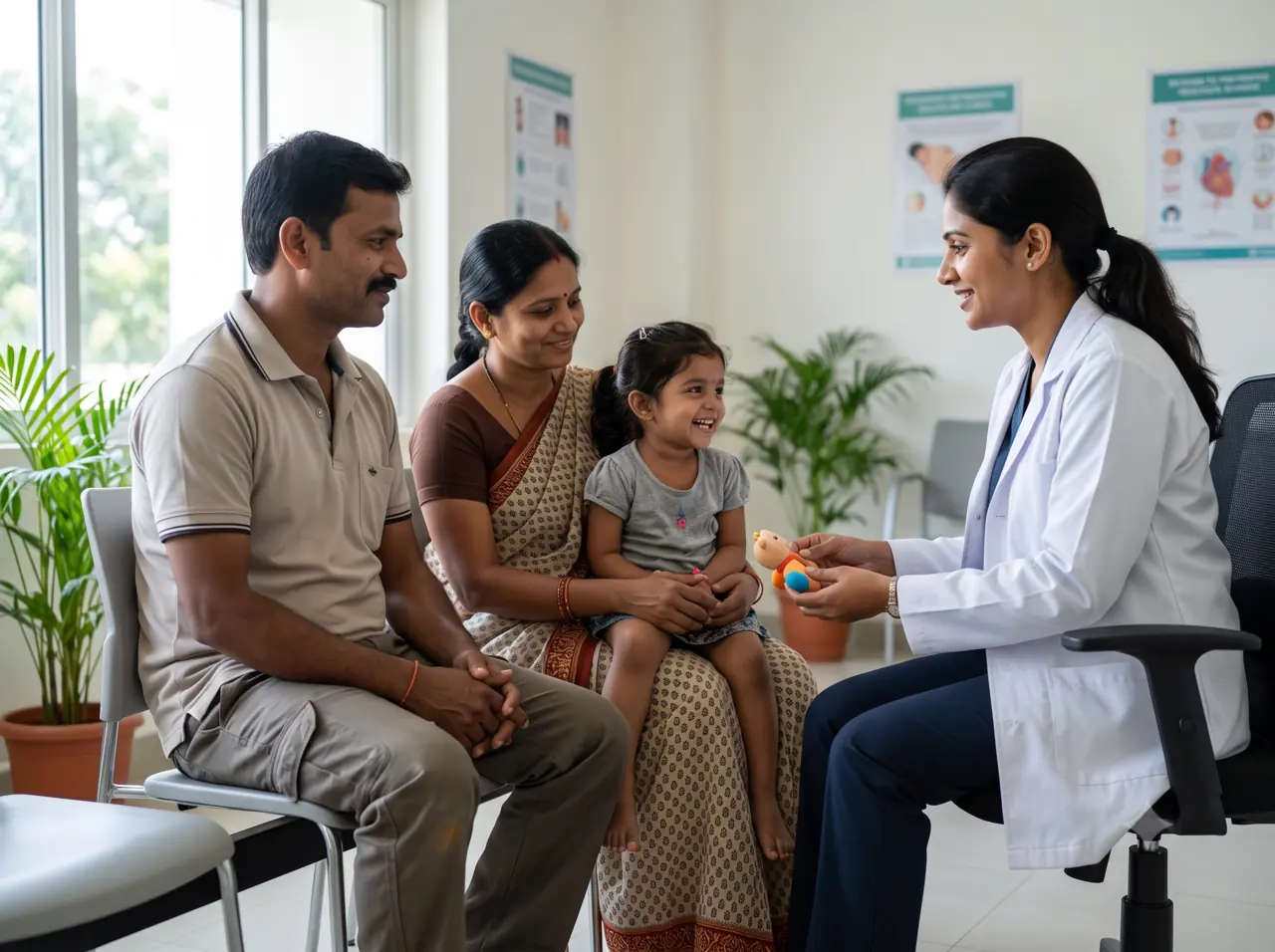 A father, mother and young daughter speaking with a woman doctor in a clinic