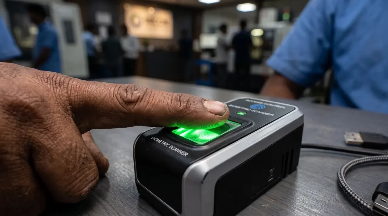 A finger placed on a fingerprint scanner glowing green