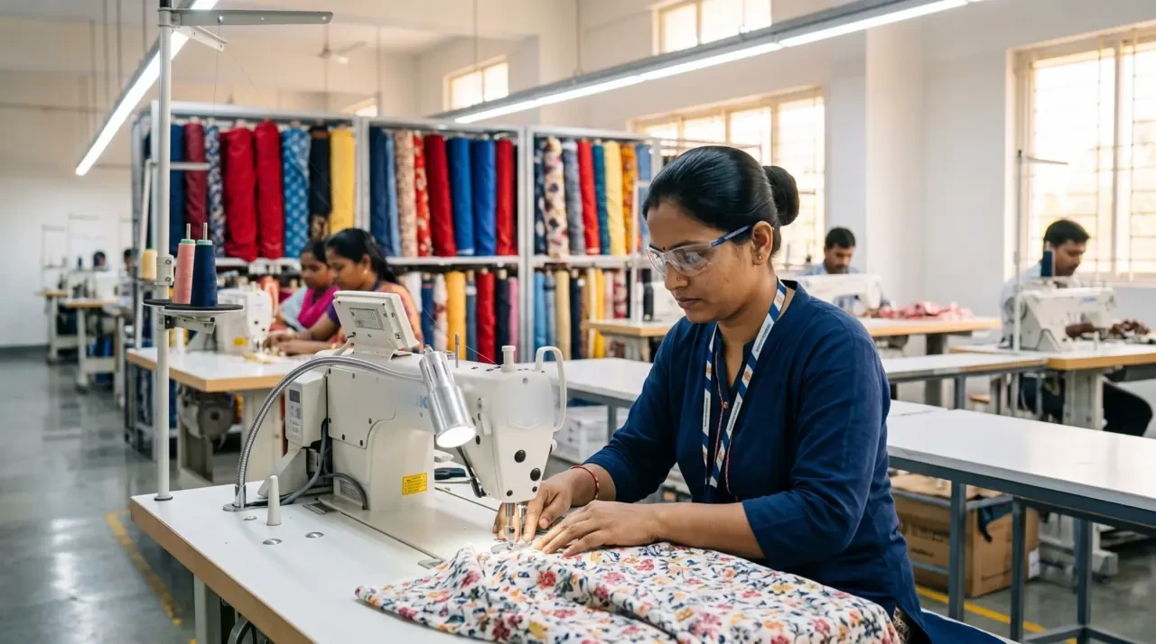 A woman operating a sewing machine on a garment factory floor with rolls of fabric behind her