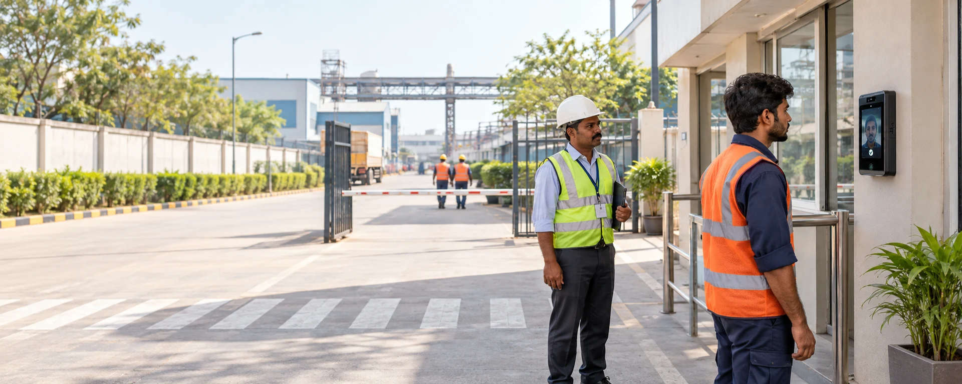 A security supervisor and a smiling worker at a speed gate with a face recognition panel at a plant entrance