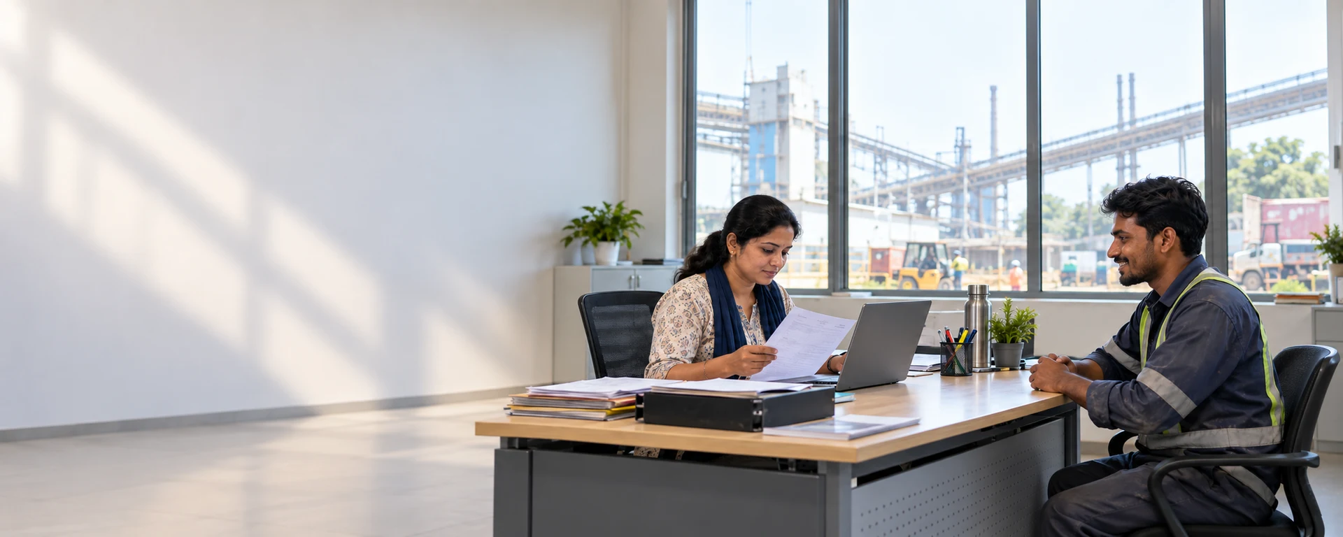 A verification officer, a woman, checking documents on a laptop while a smiling worker waits at the desk