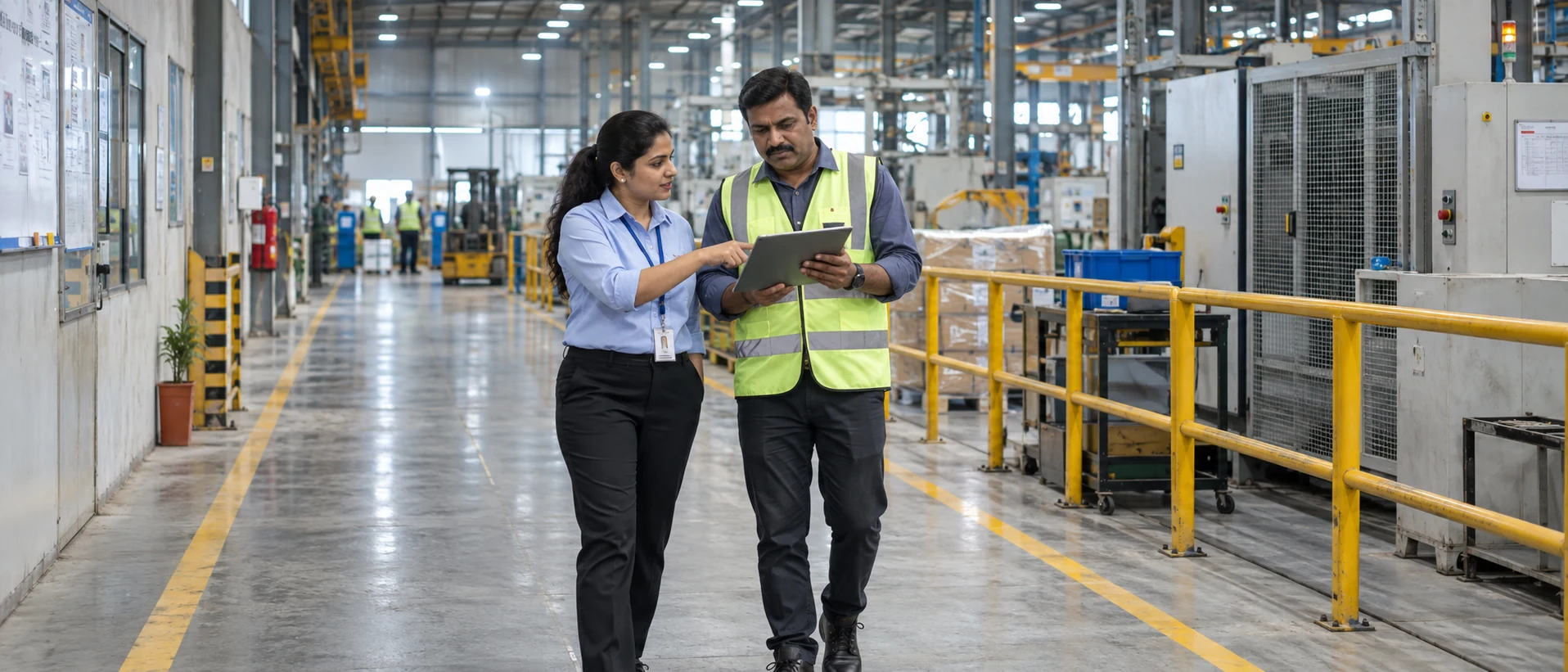 Two colleagues, a staffing consultant and a plant manager, reviewing a tablet together in a factory corridor