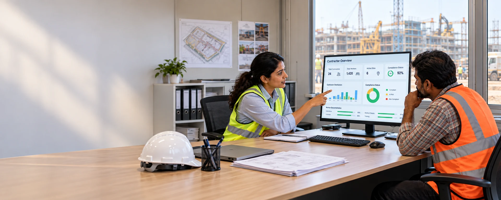 A woman compliance manager and a male contractor reviewing a contractor dashboard together in a site office