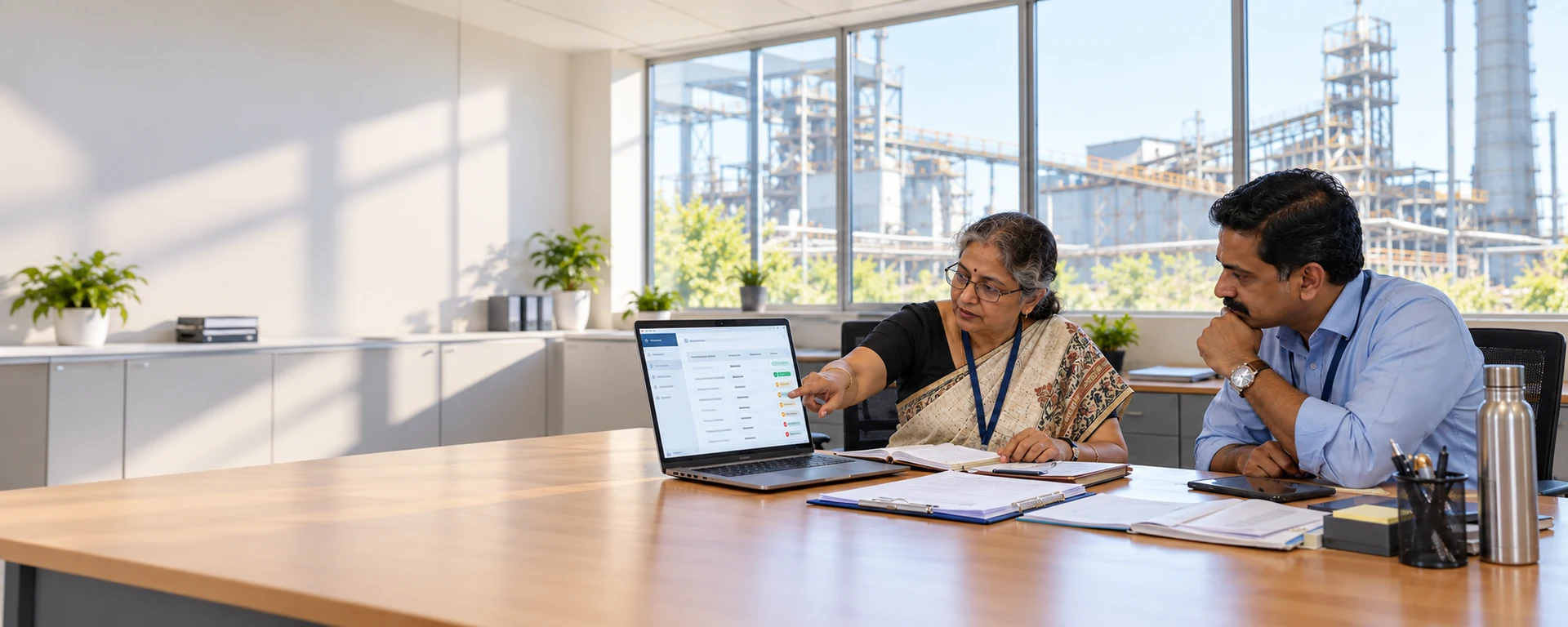 A senior compliance officer and a plant director going through statutory registers on a laptop in a bright office