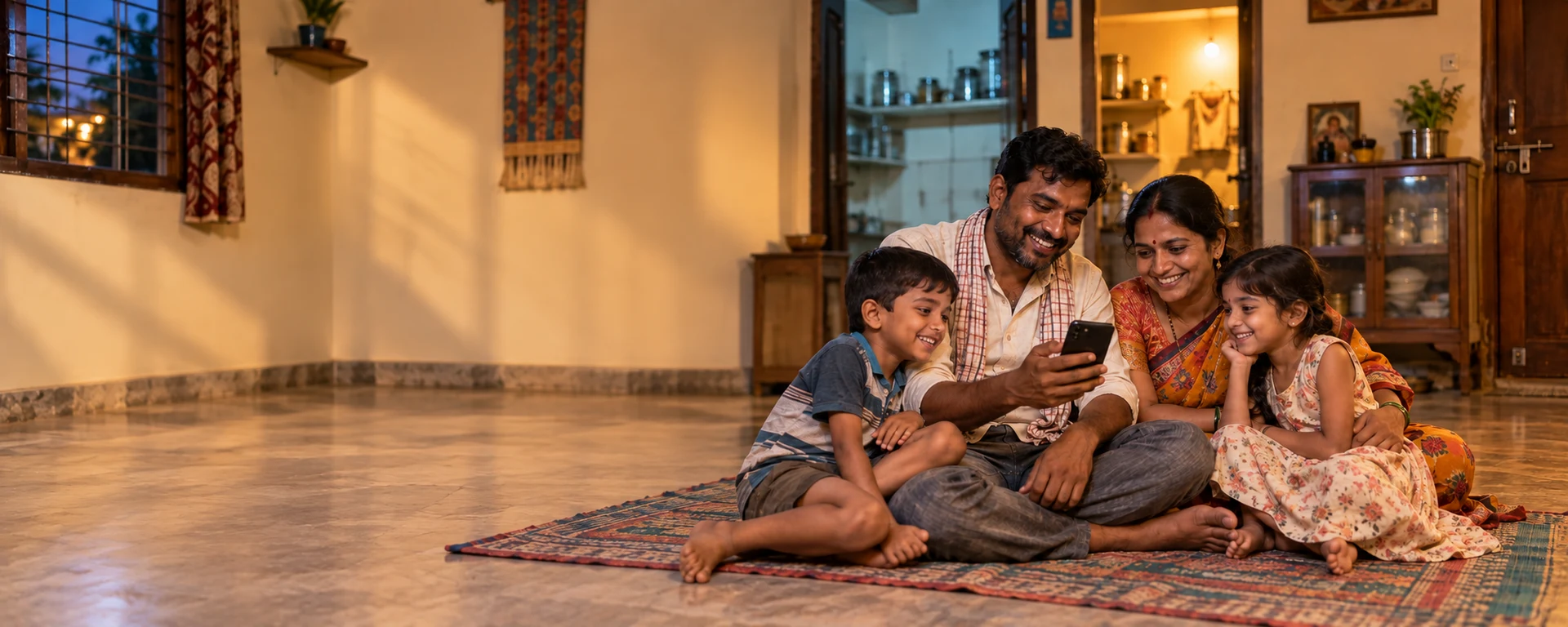 A worker family, father, mother and two children, smiling together at home with a phone in hand