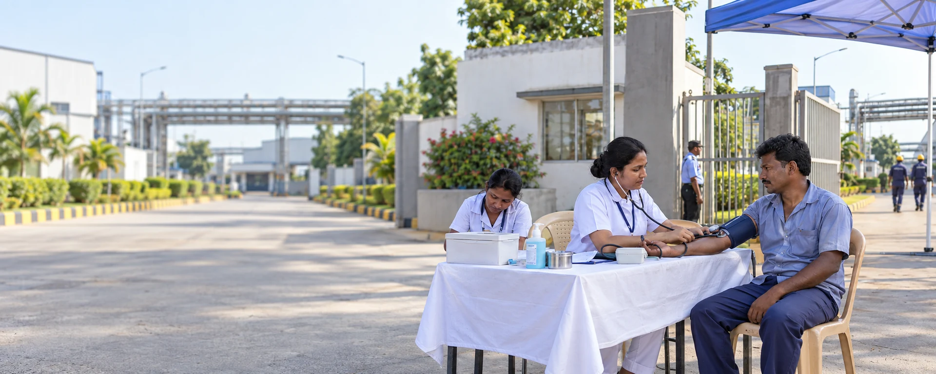 A field health camp with a nurse checking a worker's blood pressure outside a factory gate