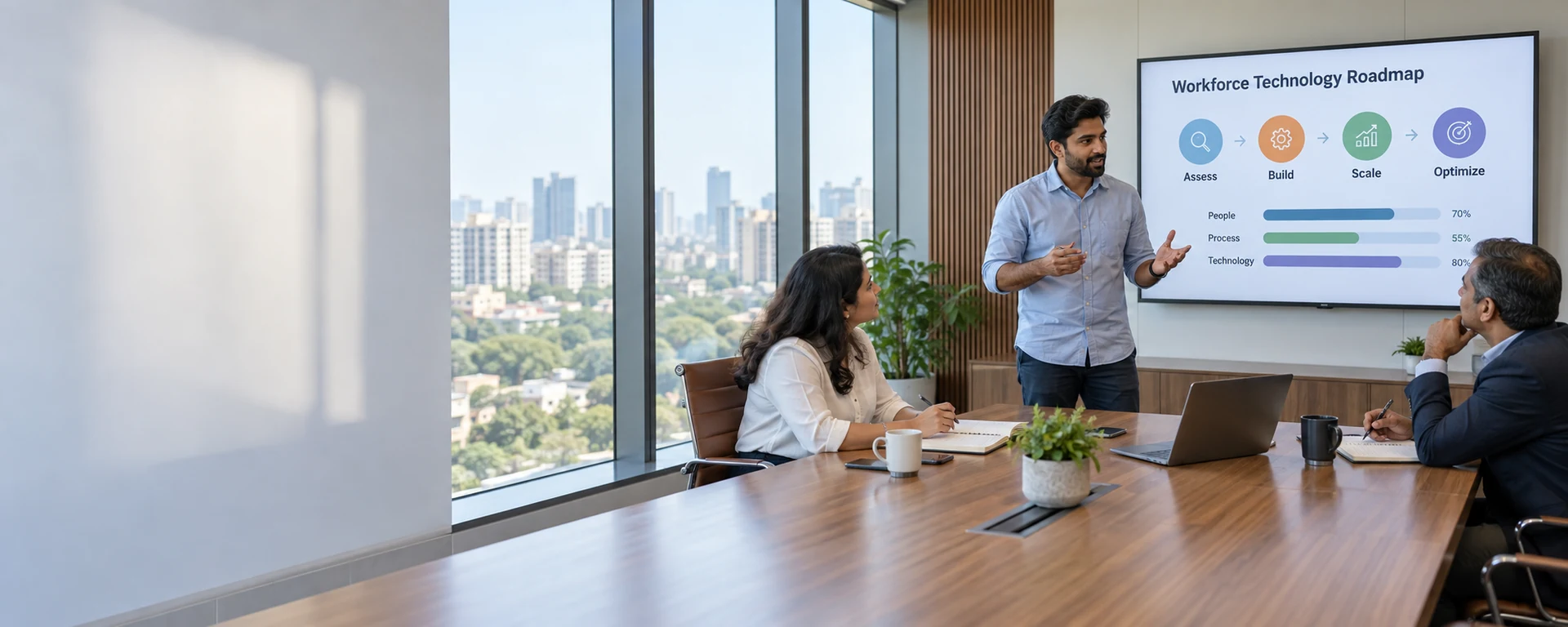 A founder presenting a workforce technology roadmap to two investors around a table with a laptop and notebooks