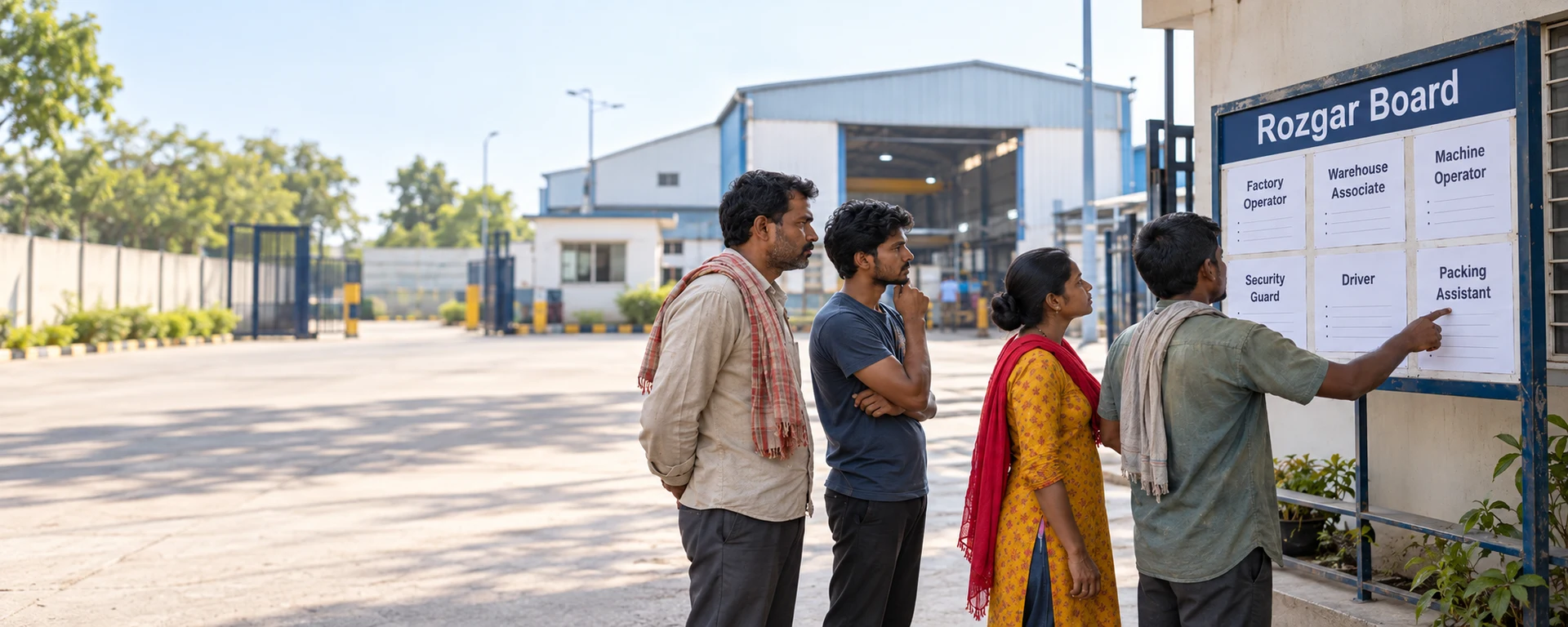 A small group of young jobseekers reading a Rozgar Board of job listings on a screen in a bright office