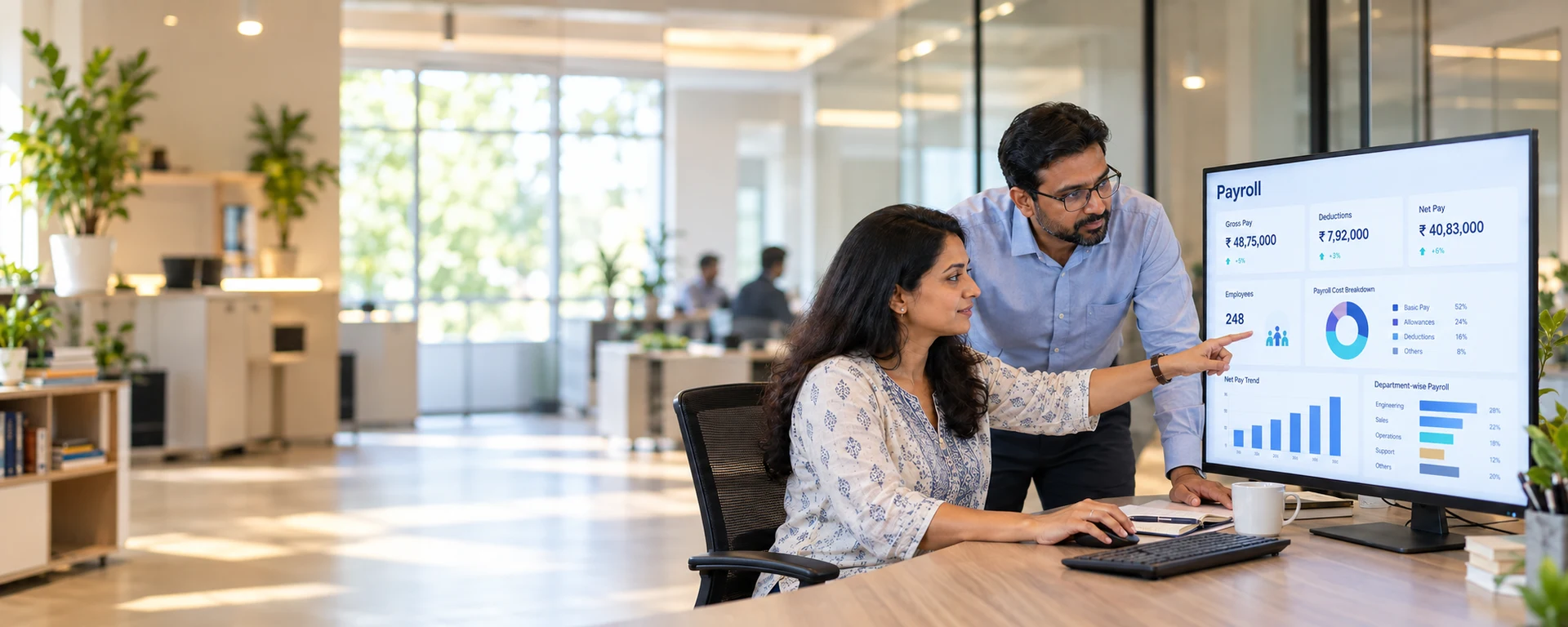 A woman payroll manager and a male finance controller reviewing a payroll run on a large monitor in a bright office