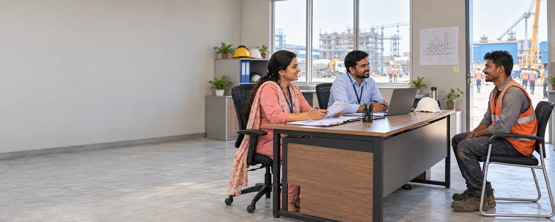 Two recruiters, a woman and a man, interviewing a smiling candidate in a bright site office