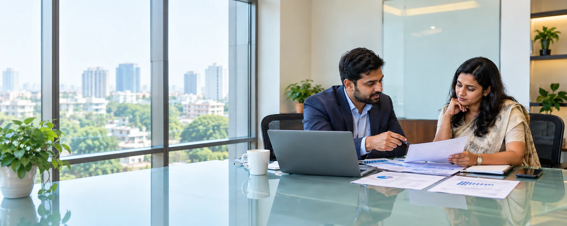 A bank relationship manager and a fintech partner reviewing documents at a glass meeting table