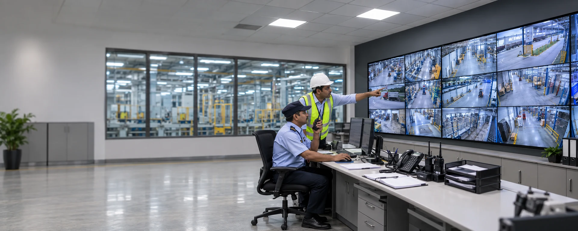A security officer and a plant head monitoring a multi-camera display in a site control room
