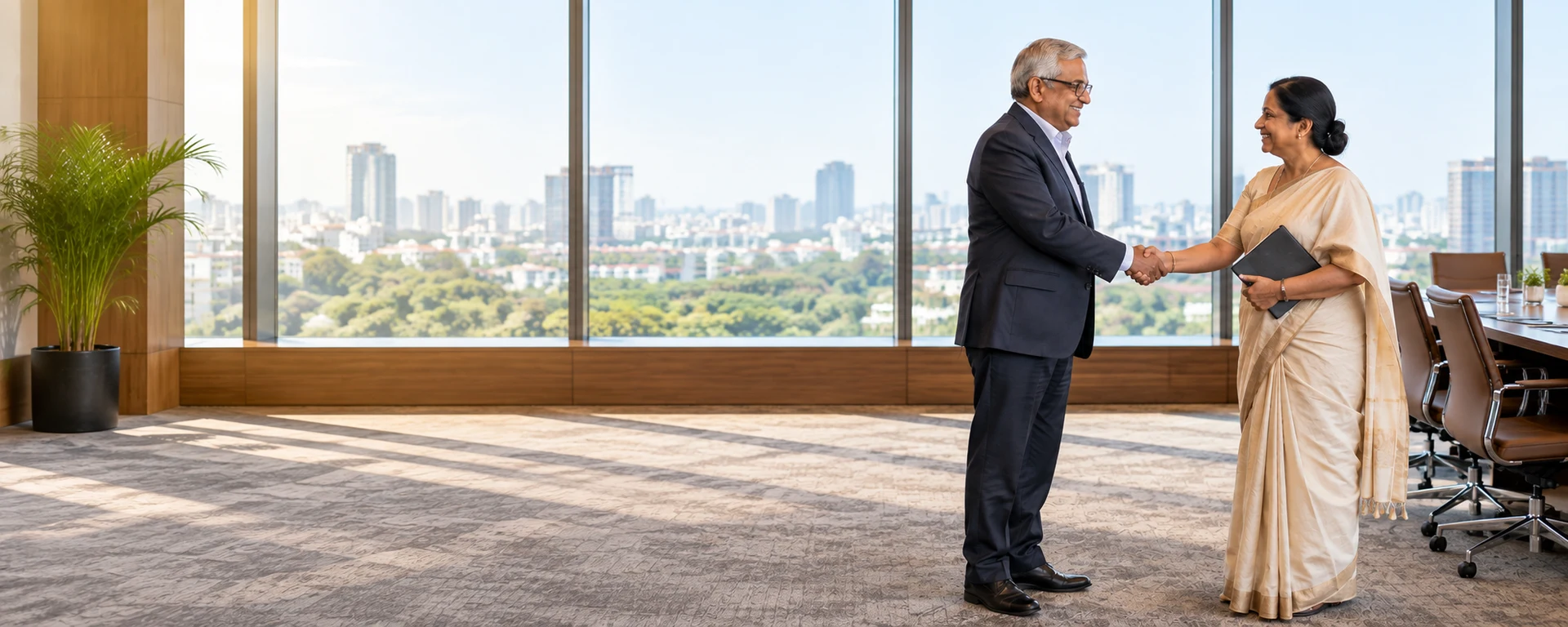 Two senior leaders shaking hands after a meeting in a bright corporate office