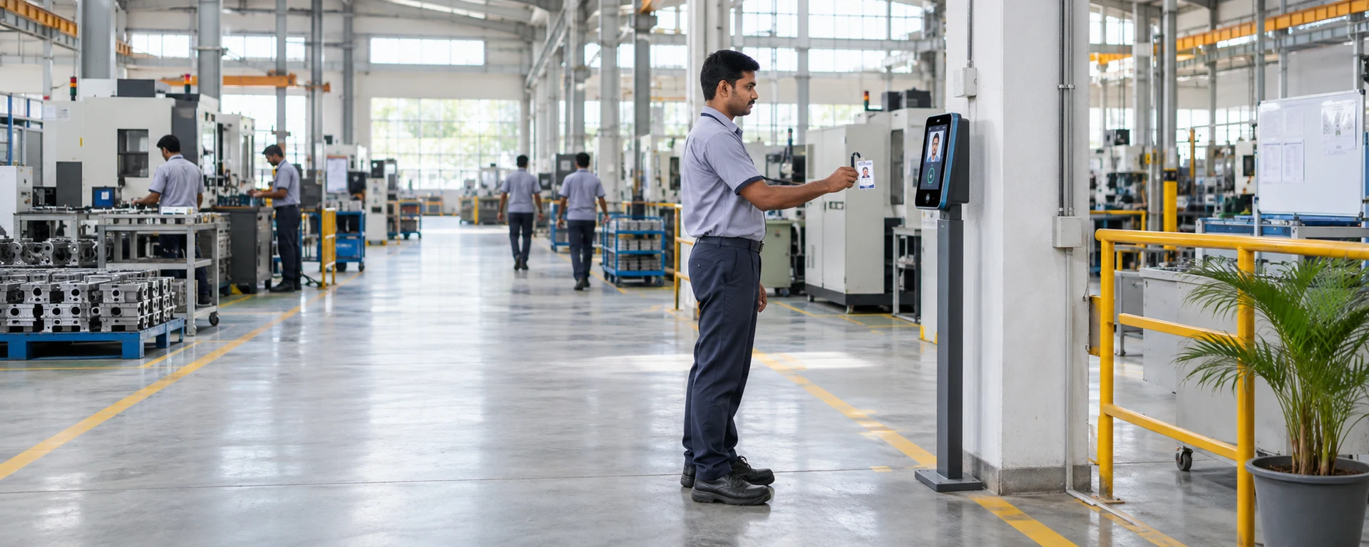 A worker holding up his ID to a face-recognition attendance terminal in a bright factory