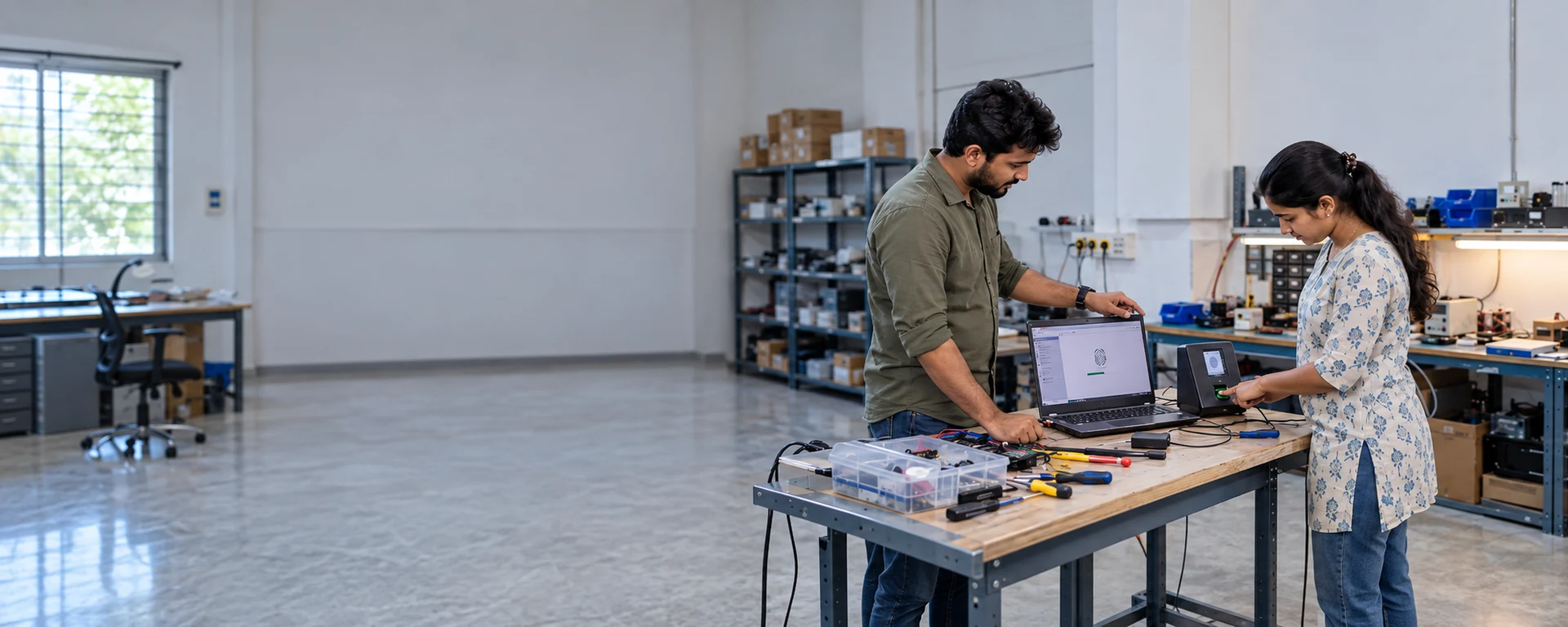 An engineer and a software developer testing a biometric device connected to a laptop on a workbench