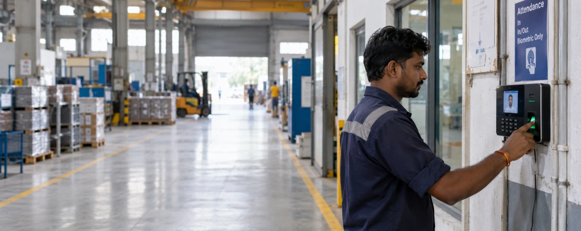A worker marking attendance on a face recognition terminal at a factory entrance while a supervisor watches