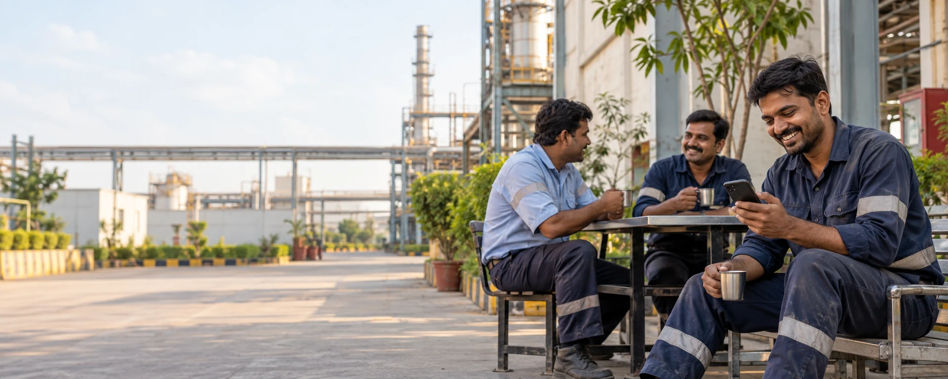 A worker smiling at his phone during a tea break with two colleagues chatting behind him at an outdoor plant courtyard table