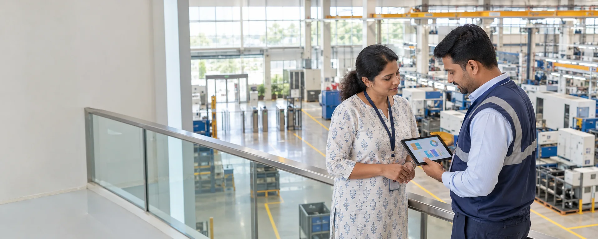 An HR lead and a plant supervisor reviewing workforce data on a tablet from a mezzanine above a factory floor with access gates