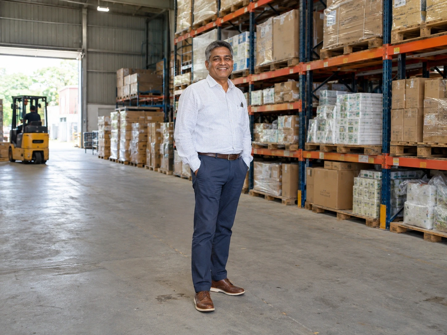A male founder and managing director in his 50s in a light shirt smiling in front of a warehouse