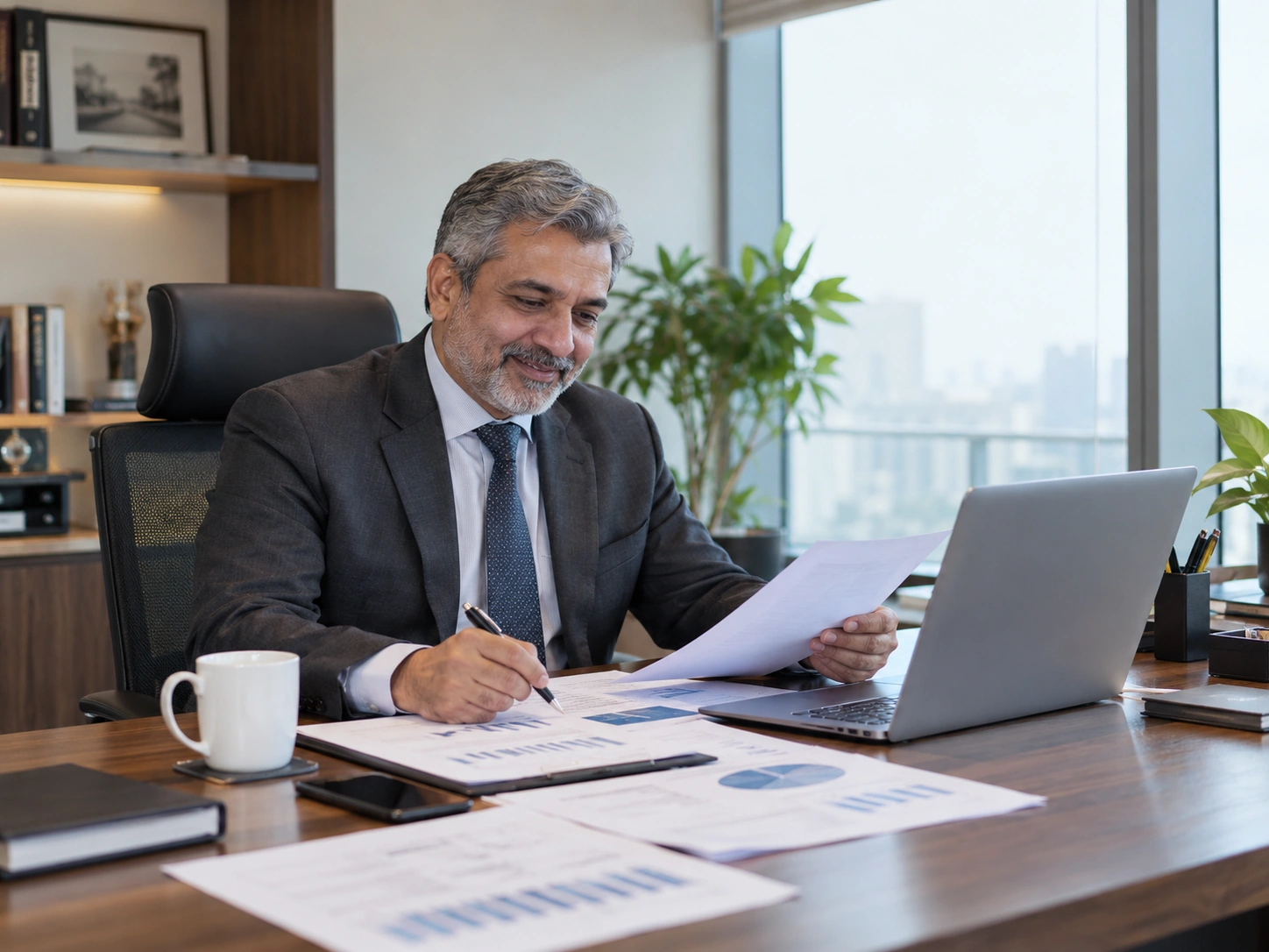 A male CFO in his 50s with grey hair in a charcoal suit reviewing figures at a desk and smiling