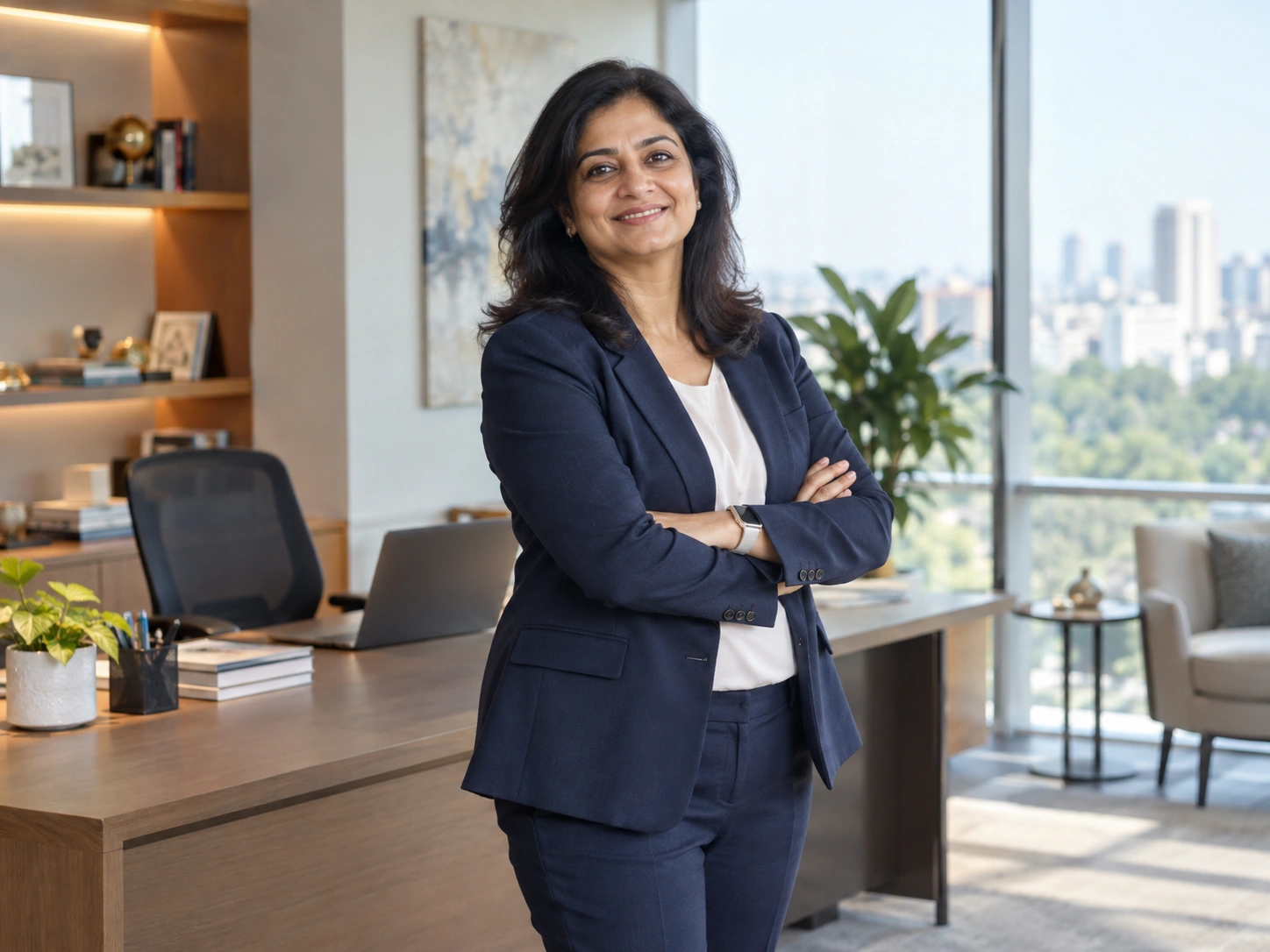 A woman CHRO in her late 40s in a navy blazer smiling confidently in a bright modern office