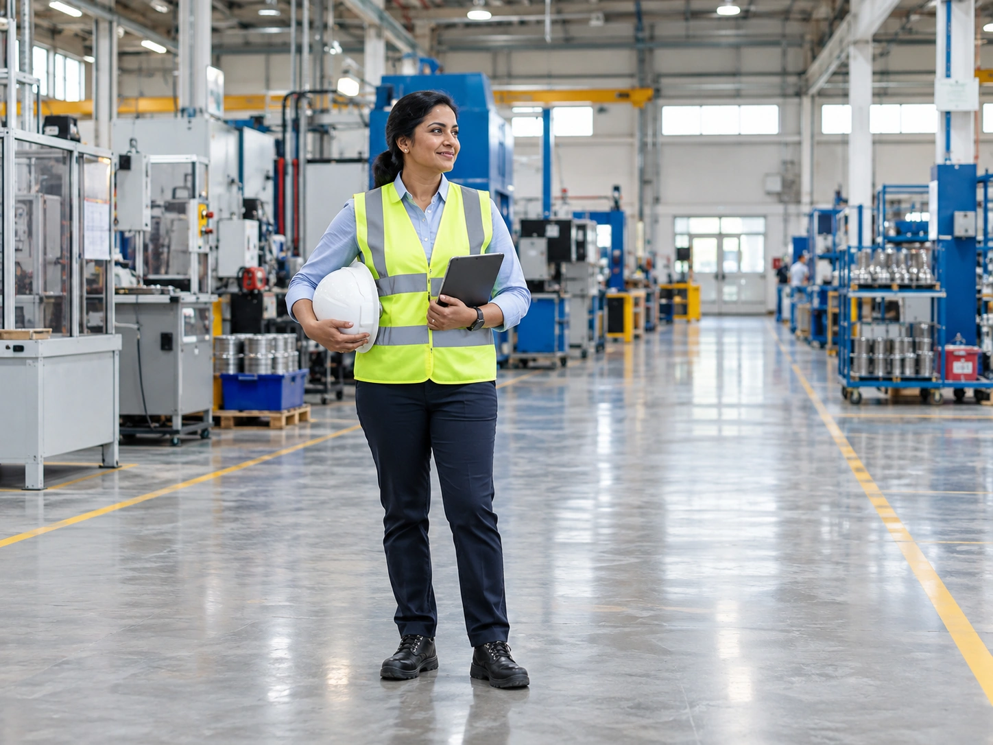 A woman plant director in her 40s in a smart shirt and safety vest standing in a clean factory hall