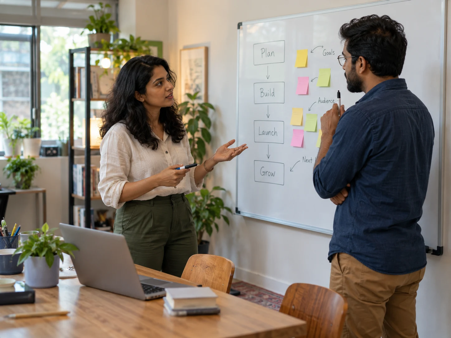 Two managers, a woman and a man, whiteboarding a rollout plan with sticky notes in a bright project room