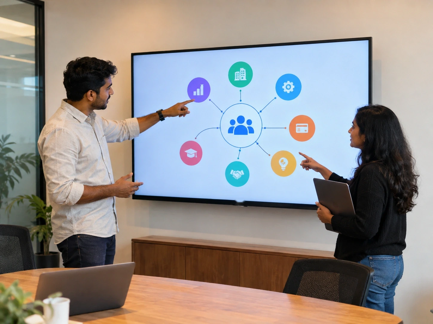 A wall-mounted screen in an office showing a simple diagram of the Salary++ ecosystem, with two people discussing it