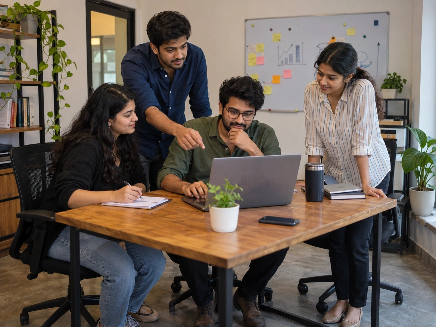 A small, focused founder-led team reviewing a dashboard together around a laptop in a compact office