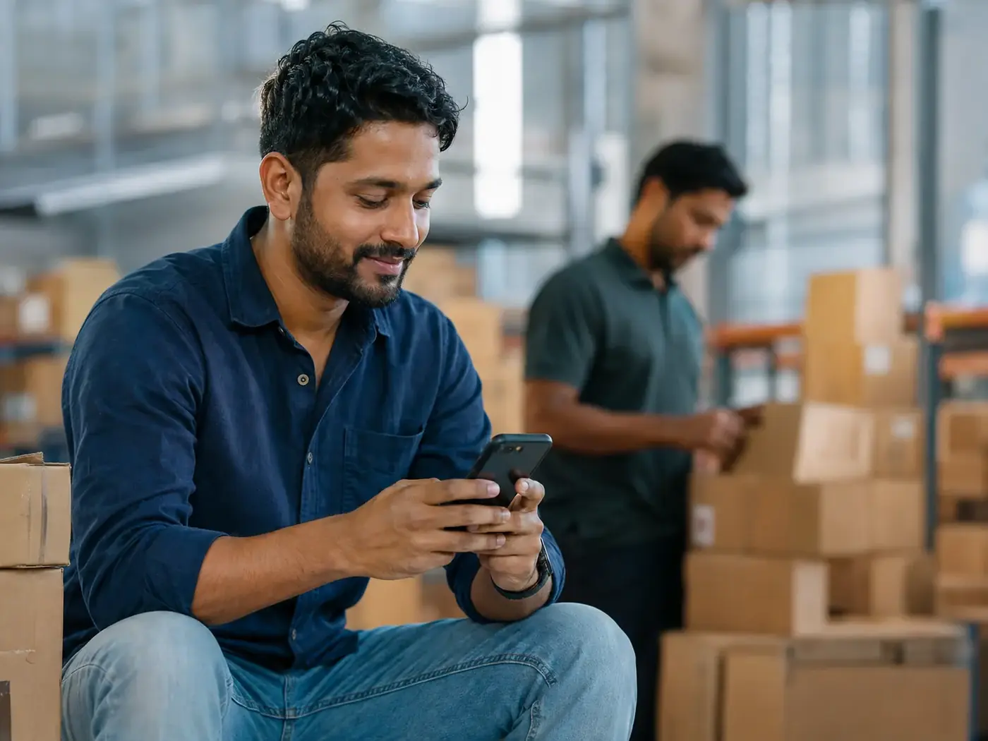 A young man smiling at his phone while sitting in a warehouse, a colleague working behind him