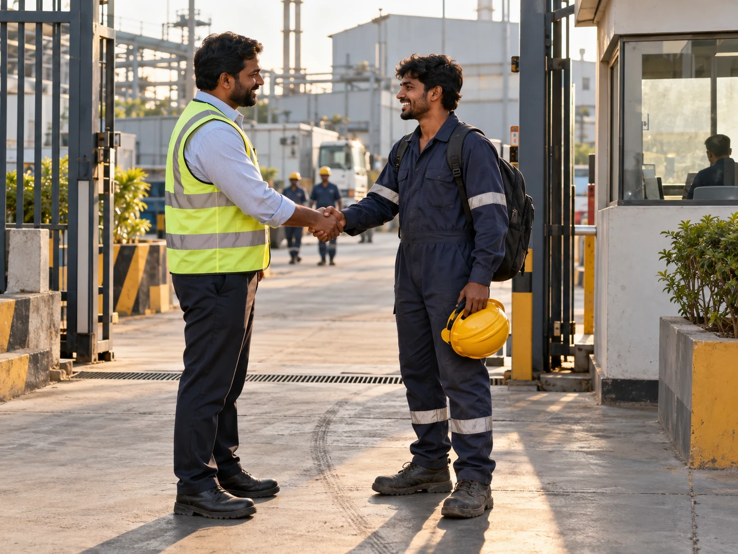A hiring manager in a hi-vis vest greeting a smiling new worker at a plant gate with a handshake