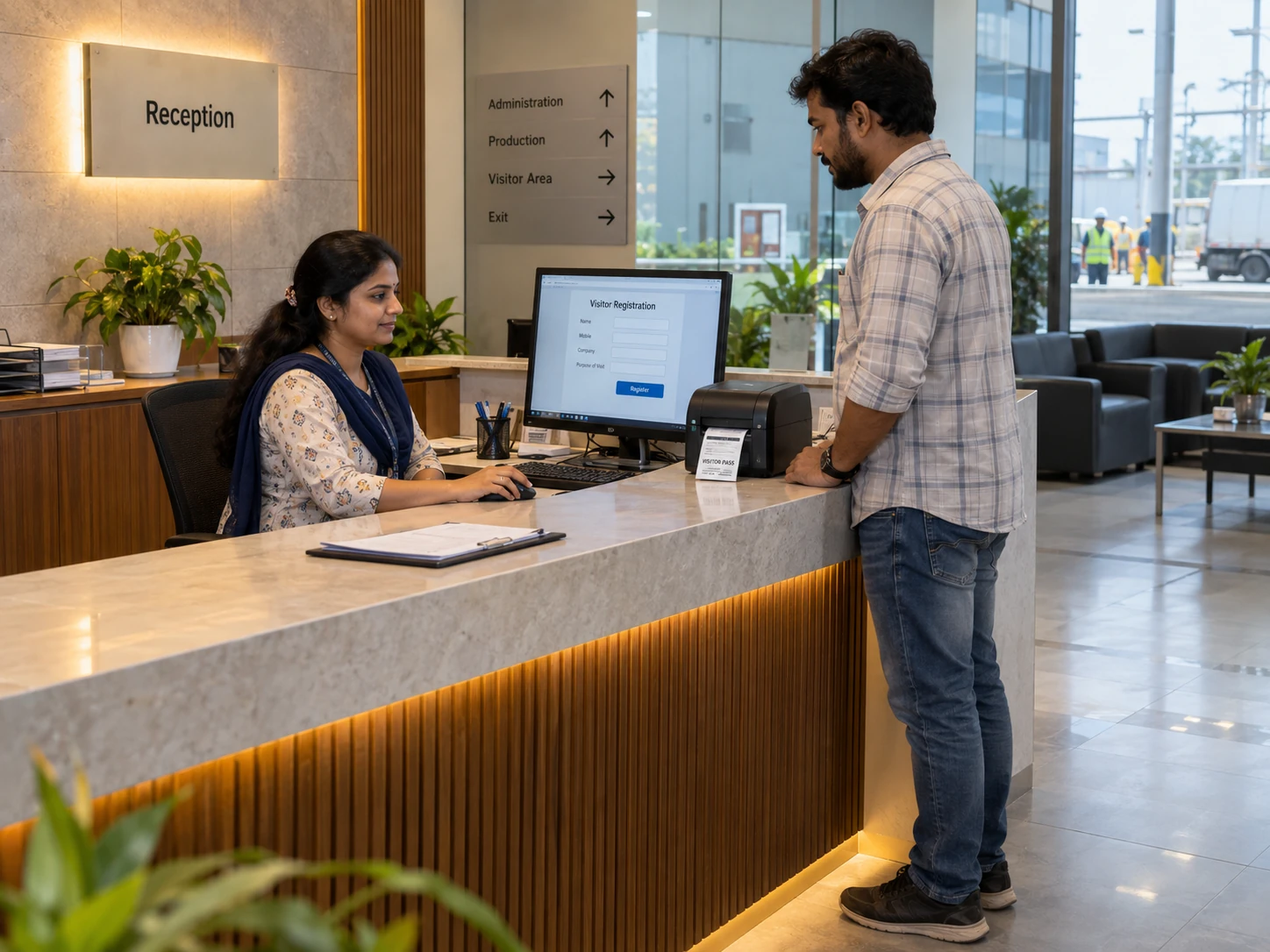 A receptionist registering a visitor and printing a pass at a modern site reception desk