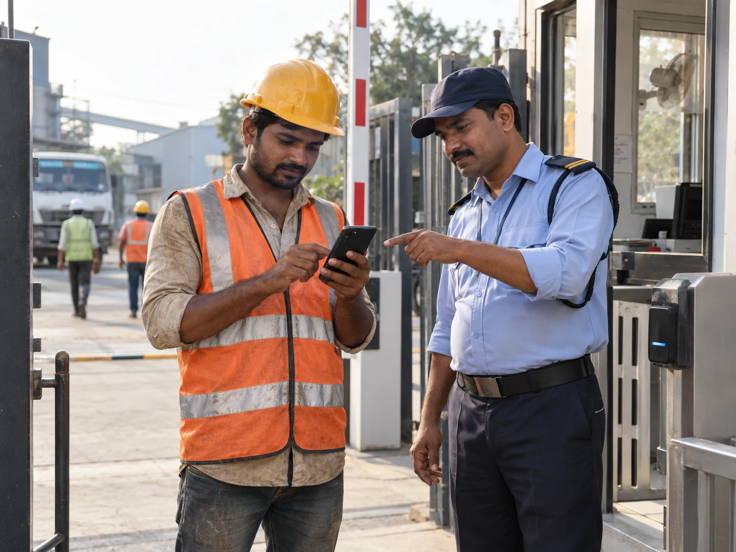 A worker holding his phone to complete a digital ID check while a supervisor guides him at a site gate