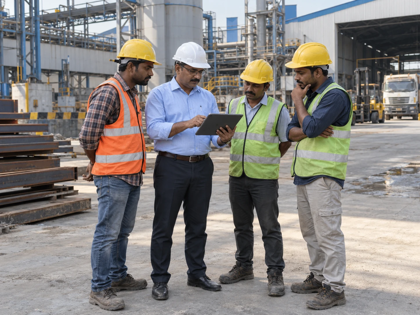 A plant head and three contractors’ supervisors reviewing headcount on a tablet in a factory yard