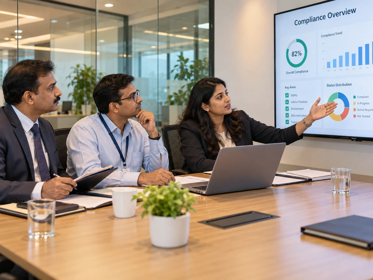 A labour inspector-style visitor and a plant HR head reviewing a compliance dashboard together in a conference room