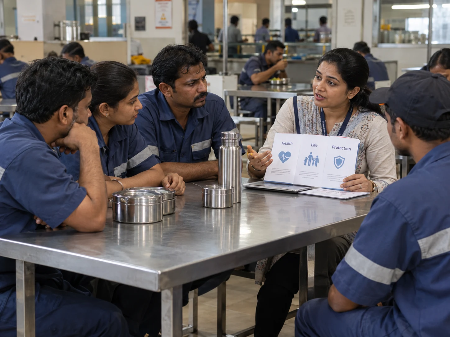 A woman benefits advisor explaining insurance cover to a group of workers in a factory canteen