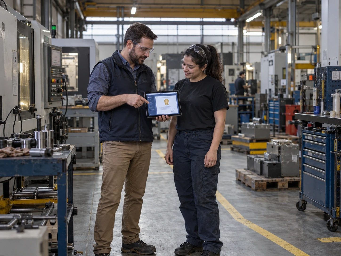 A supervisor showing a worker his digital skill certificate on a tablet on the shop floor