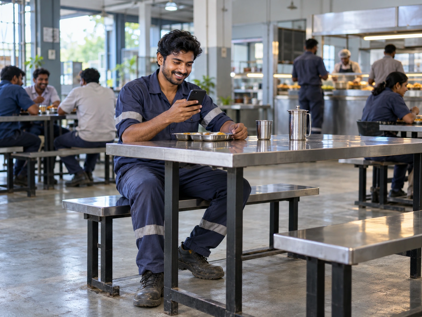 A smiling worker reading his payslip on his phone at a factory canteen