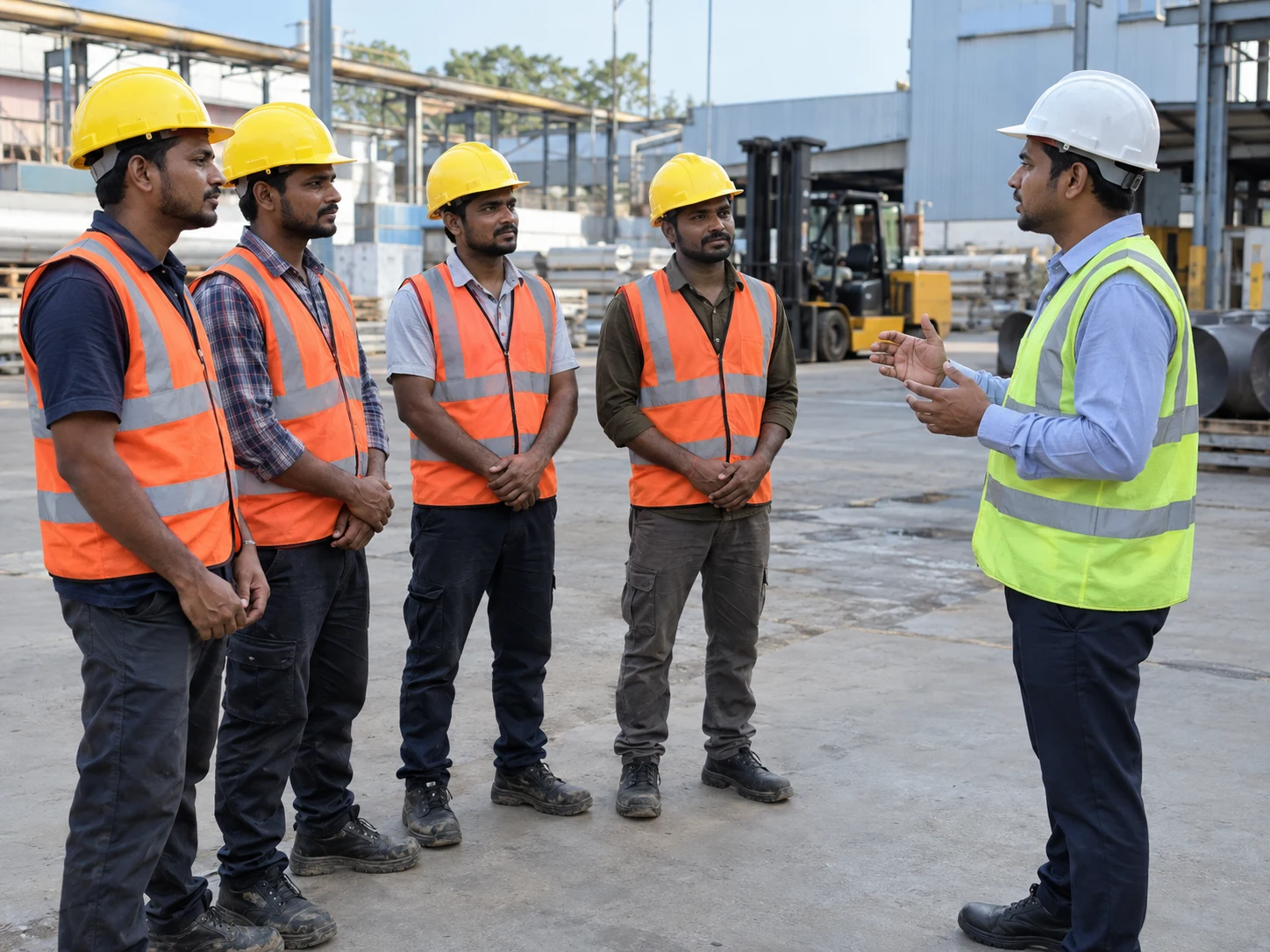 A group of newly hired workers in safety vests receiving a site briefing from a supervisor in a factory yard