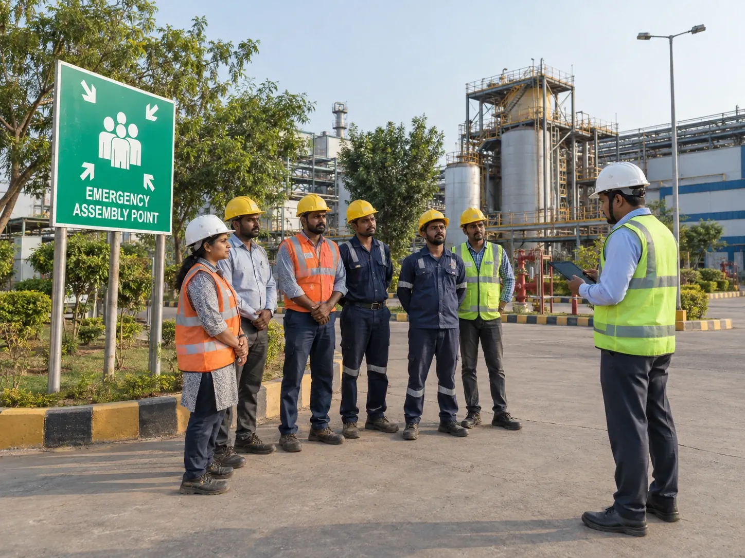A safety officer with a tablet doing a headcount at an emergency assembly point outside a plant