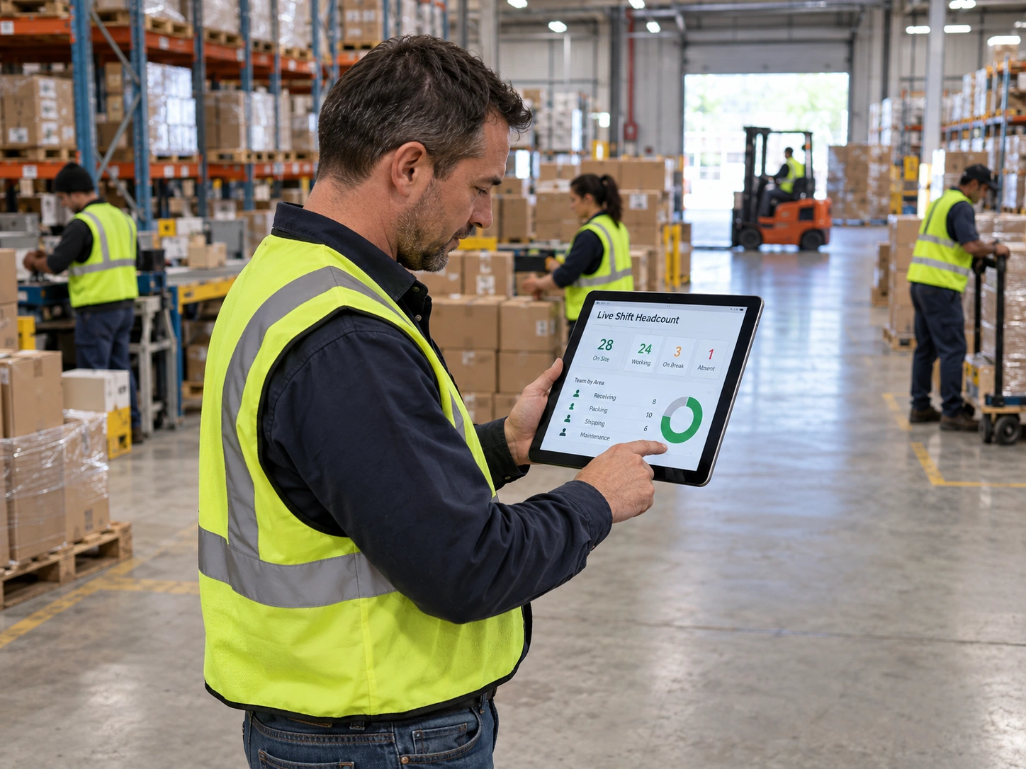 A supervisor checking the live shift headcount dashboard on a tablet in a warehouse