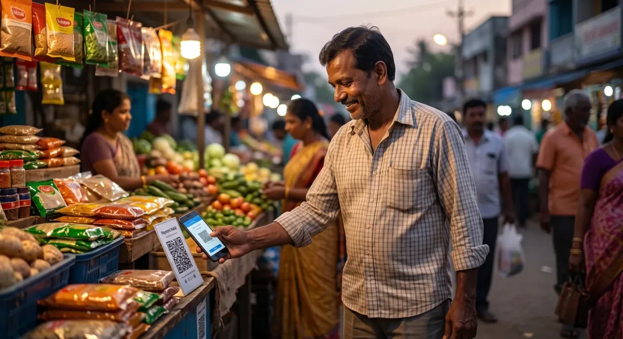 A man paying a fruit and vegetable seller at a busy evening market using a QR code